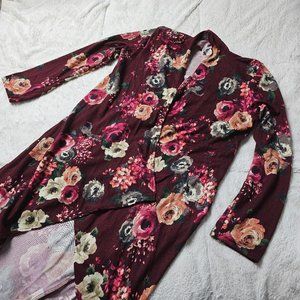 Vamp Red Rose Floral Open Front Cardigan Knee/Thigh Length Long Sleeve L